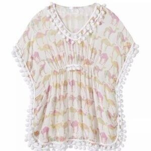 Colorful Swim Coverup Dress with Pom Pom Trim